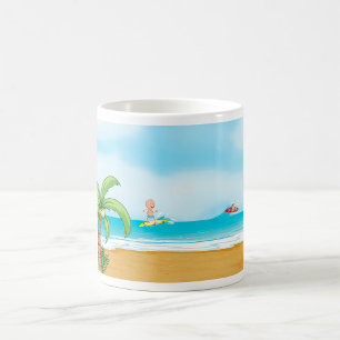 Kinder, die im Sommer im tropischen Beach Fun surf Kaffeetasse