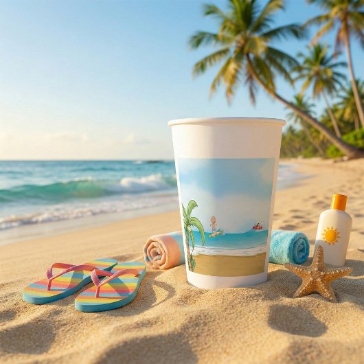 Kinder, die im Sommer im tropischen Beach Fun surf Pappbecher