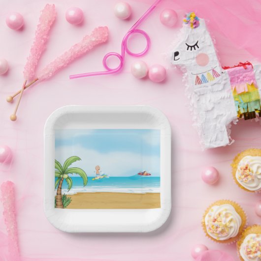 Kinder, die im Sommer im tropischen Beach Fun surf Pappteller (Party)