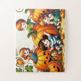 Kinder, die in einem Pumpkinpflaster spielen Puzzle