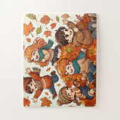 Kinder, die mit einem Haufen gefallener Blätter sp Puzzle (Vertikal)