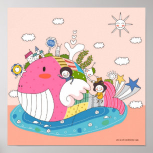 Kinder, die mit Fischen im Teich spielen Poster