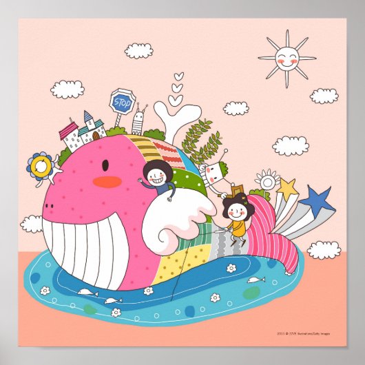 Kinder, die mit Fischen im Teich spielen Poster (Vorne)