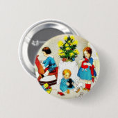 Kinder, die mit Spielwaren und Weihnachtsbaum Button (Vorne & Hinten)
