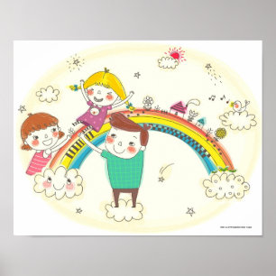 Kinder, die Regenbogen spielen Poster