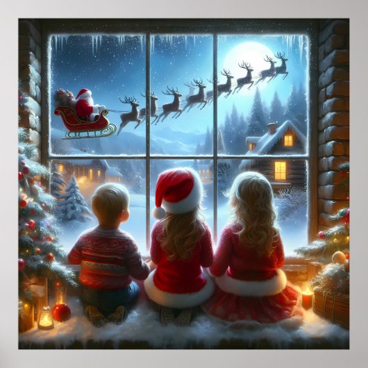 Kinder, die Santa per Fenster Poster sehen (Vorne)