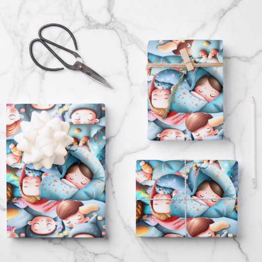 Kinder, die schlafend schlummig Schlafpjama-Party Geschenkpapier Set (Vorderseite)