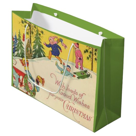 Kinder, die sich auf einem schneebedeckten Hügel n Große Geschenktüte (Vorderseite Schrägansicht)