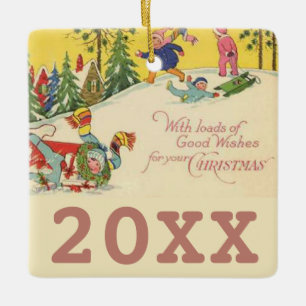 Kinder, die sich auf einem schneebedeckten Hügel n Keramikornament