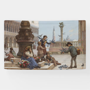 Kinder, die Tauben in Venedig Gefüttert haben (von Banner