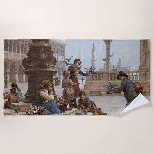 Kinder, die Tauben in Venedig Gefüttert haben (von Strandtuch (Vorderseite)