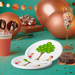 Kinder, die unter einem Apfelbaum sitzen Pappteller