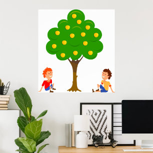 Kinder, die unter einem Apfelbaum sitzen Poster