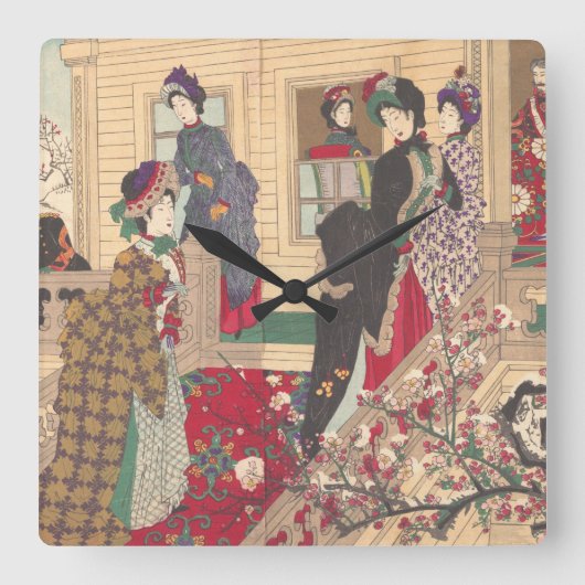 Kinder, die unter Pflaumenbäumen im Schnee spielen Quadratische Wanduhr (Vorderseite)