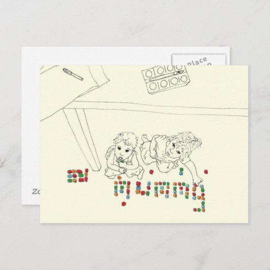 Kinder Die von oben Zeichnend Mummy Brick Line Postkarte (Vorne/Hinten)