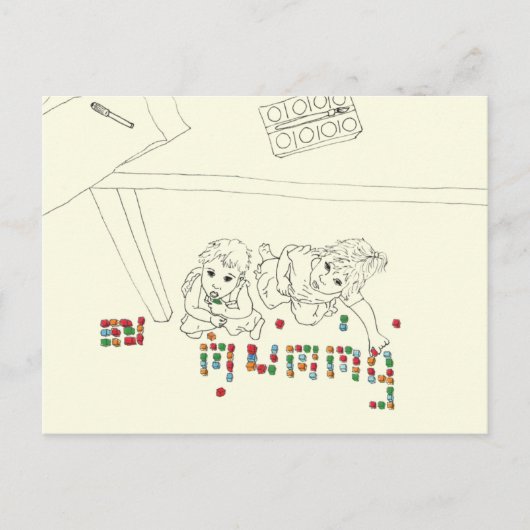 Kinder Die von oben Zeichnend Mummy Brick Line Postkarte (Vorderseite)