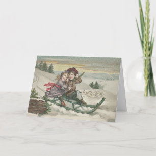 Kinder, die Weihnachtsbaum-Schnee-Winter Sledding Feiertagskarte