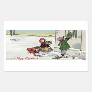 Kinder, die Weihnachtsgeschenke liefern Rechteckiger Aufkleber