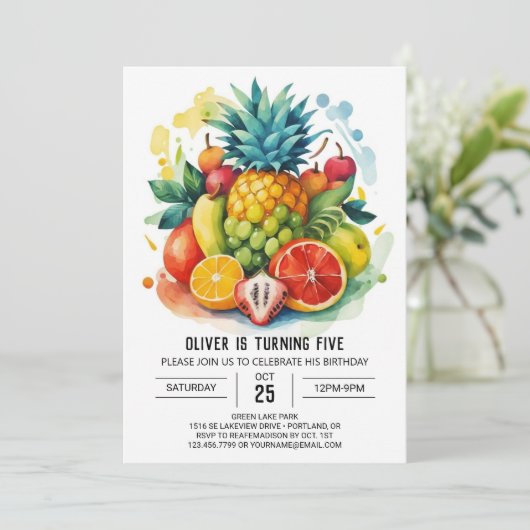 Kinder Digital Whimsical Frucht Geburtstag Einladung (Stehend Vorderseite)