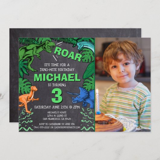 Kinder Dino Trex Chalkboard Foto Dinosaur Geburtst Einladung (Vorne/Hinten)