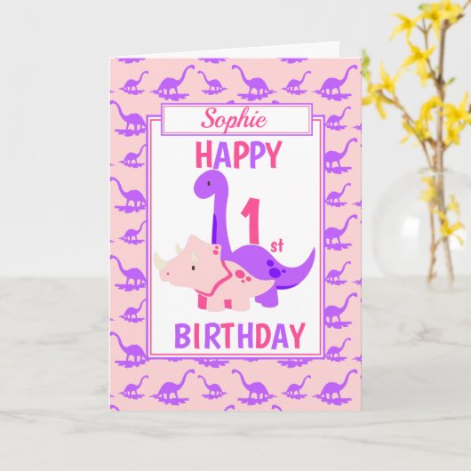 Kinder Dinosaur 1. Geburtstag Rosa Karte (Gelbe Blume)