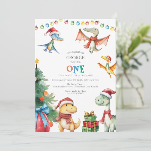 Kinder Dinosaur Einladung zum ersten Geburtstag (Stehend Vorderseite)