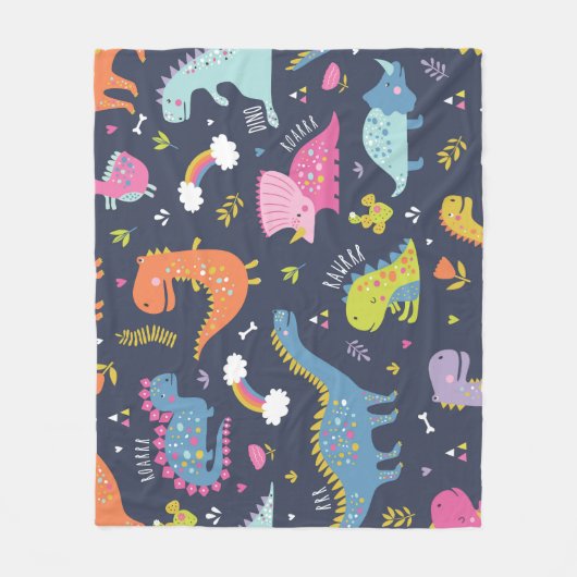 Kinder Dinosaurier: Farbenfrohe Vintage Muster Fleecedecke (Vorderseite)