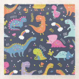 Kinder Dinosaurier: Farbenfrohe Vintage Muster Glasuntersetzer