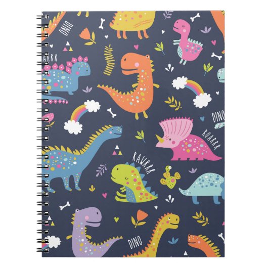 Kinder Dinosaurier: Farbenfrohe Vintage Muster Notizblock (Vorderseite)