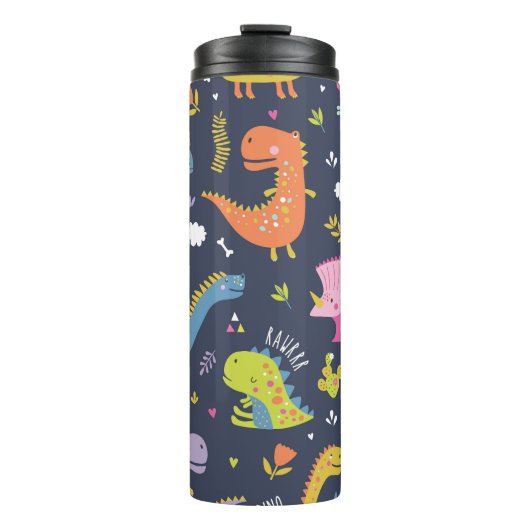 Kinder Dinosaurier: Farbenfrohe Vintage Muster Thermosbecher (Vorderseite)