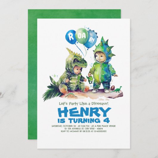 Kinder Dinosaurier Kostüme Party Geburtstag Einladung (Vorne/Hinten)