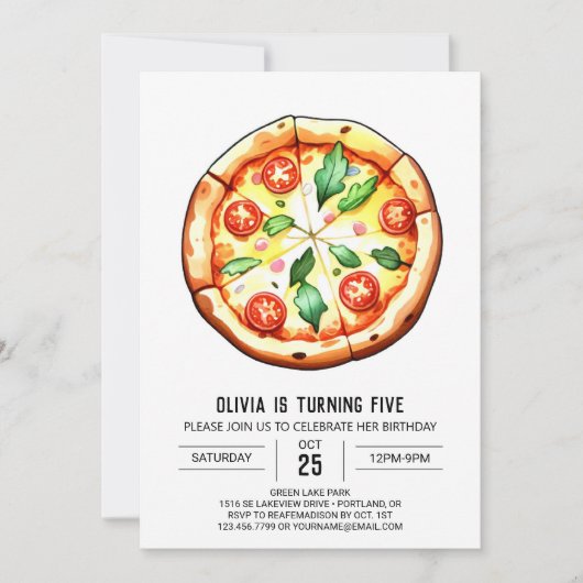 Kinder druckbare Pizza zum Geburtstag Einladung (Vorderseite)