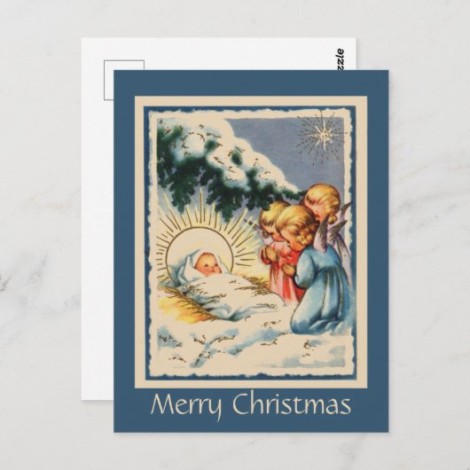 Kinder Engel Baby Jesus und Snowy Pine Tree Postkarte (Vorne/Hinten)