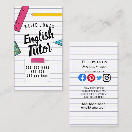 Kinder Englisch Tutor Zuhause Lernprüfung Visitenkarte (Vorne/Hinten)