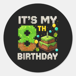Kinder Es ist mein 8. Geburtstag Gamer Pixel Gebur Runder Aufkleber