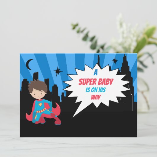 *~* Kinder farbenfrohe SUPERHEROS Kühne Babydusche Einladung (Stehend Vorderseite)