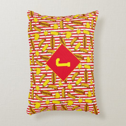 Kinder Fast Food Hot Dogs und Senf Rot Streifen Dekokissen (Vorderseite(Vertikal))