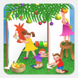 Kinder feiern das jüdische Fest von Sukkot Quadratischer Aufkleber