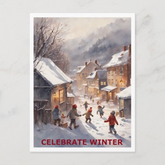 Kinder feiern Winterschnee Postkarte (Vorderseite)