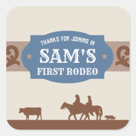 Kinder FIrst Rodeo Blue/Brown Western Geburtstagsp Quadratischer Aufkleber