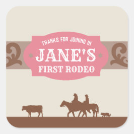 Kinder FIrst Rodeo Rosa/Braun Western Geburtstag Quadratischer Aufkleber
