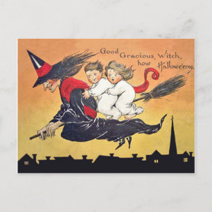 Kinder fliegen zu Halloween Abend mit Hexe Postkarte