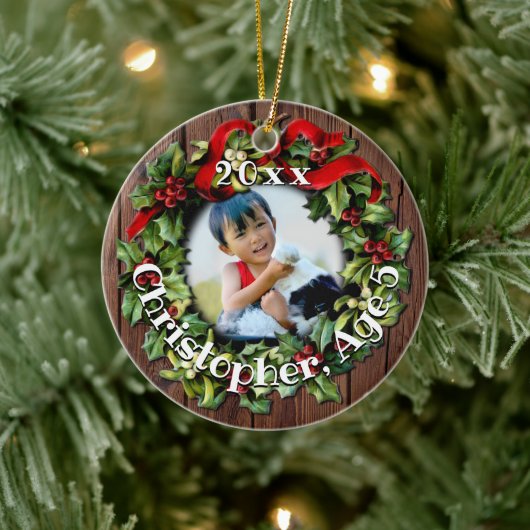 Kinder Foto Holly Wreath Keepake Familie Keramik Ornament (Baum)