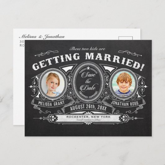 Kinder Foto Save the Date Postkarten Chalkboard (Vorne/Hinten)