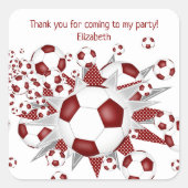 Kinder Fußball-Party Maroon Fußball Stars Quadratischer Aufkleber (Vorderseite)