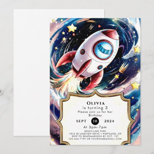 Kinder Galaxy Rocket Geburtstag Einladung (Vorne/Hinten)
