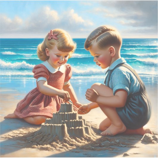 Kinder Gebäude einer Sandburg am Strand Aufkleber (Vorderseite)