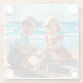 Kinder Gebäude einer Sandburg am Strand Glasuntersetzer (Rückseite)