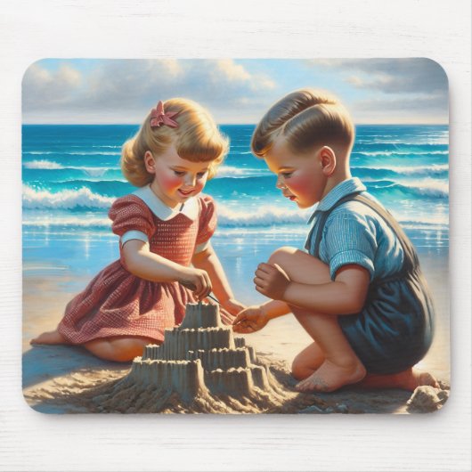 Kinder Gebäude einer Sandburg am Strand Mousepad (Vorne)