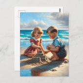 Kinder Gebäude einer Sandburg am Strand Postkarte (Vorne/Hinten)